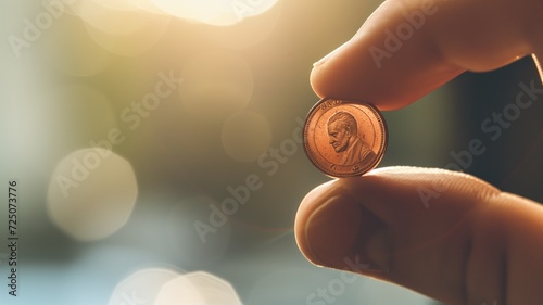 Fingers clutch a coin with queen effigy in sunny backdrop photo