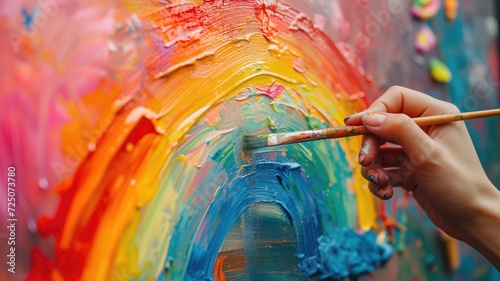 Hand of an artist painting a vibrant, colorful canvas photo