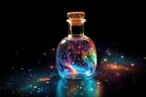 Glass bottle containing colorful, sparkling galaxy on dark background.