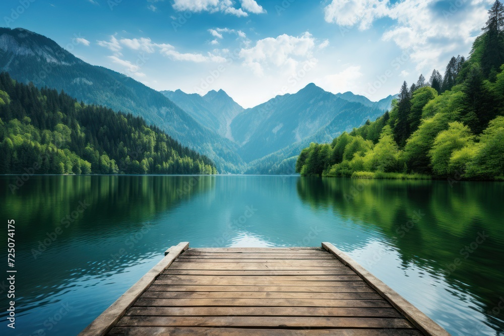 Breathtaking view from wooden dock of serene lake nestled amidst vibrant greenery and towering mountains. - obrazy, fototapety, plakaty 