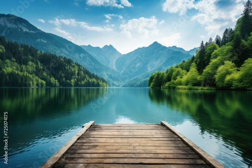 Breathtaking view from wooden dock of serene lake nestled amidst vibrant greenery and towering mountains. photo