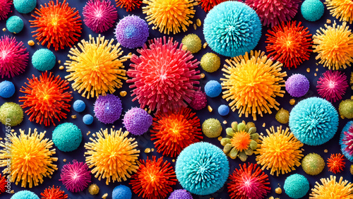 Bunch of different colored balls and balls of different shapes and sizes on blue surface. photo