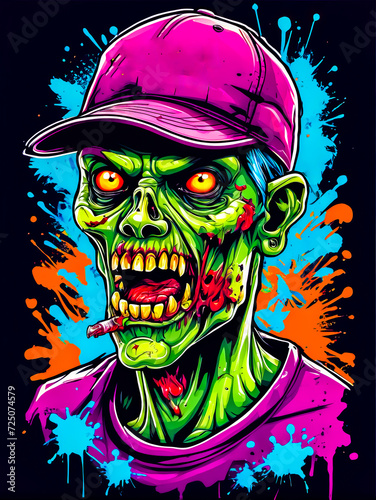 Drawing of zombie with baseball cap on and cigarette in his mouth.