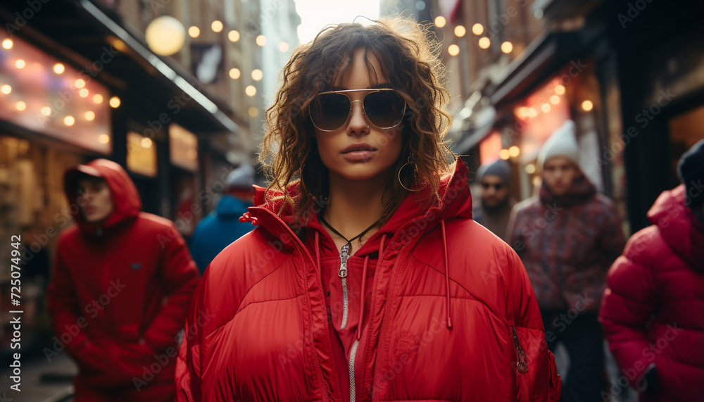 Young woman in sunglasses walking confidently in the city at night generated by AI