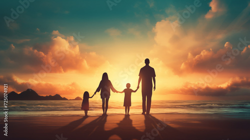 Family Silhouette Against Sunset Beach