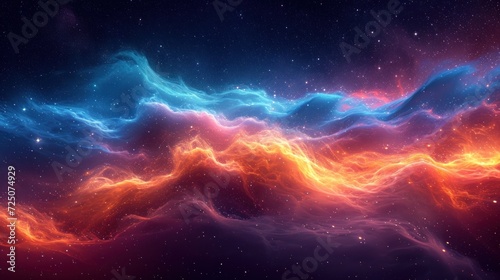  a computer generated image of a wave of orange, blue, and red colors against a dark background of stars.