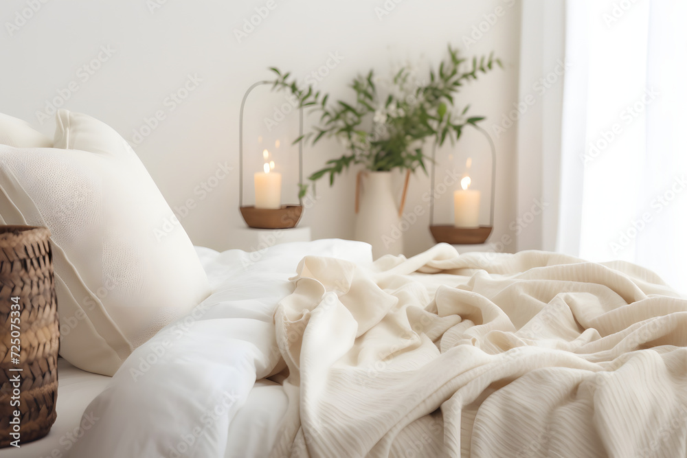 Tranquil white bed with blanket and pillows in bright, cozy bedroom setting