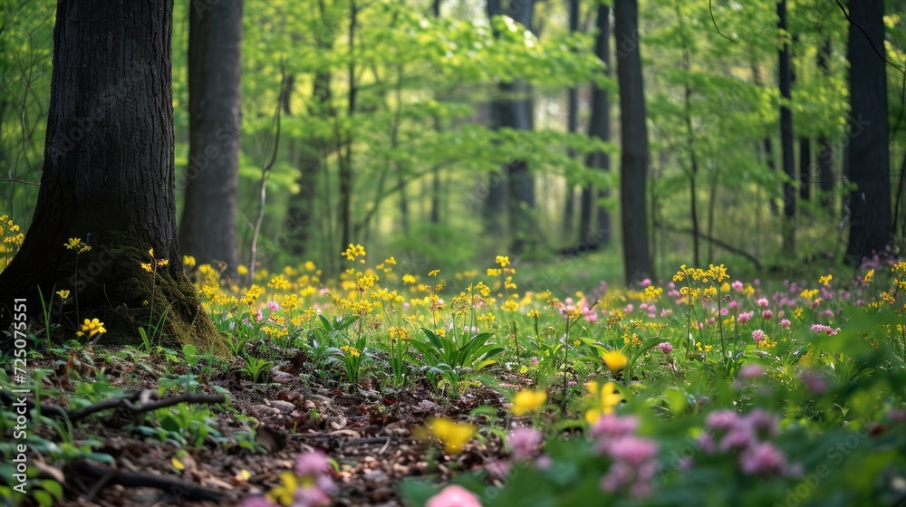  a forest filled with lots of flowers next to a lush green forest filled with lots of yellow and pink flowers.