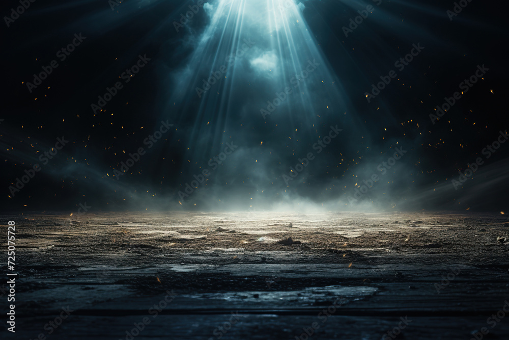 Abstract dark background with sparkles on the sand and golden bokeh in the rays of cold light. Generated by artificial intelligence