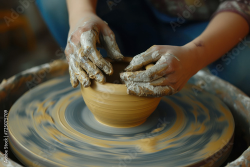 Throwing making pottery piece on wheel