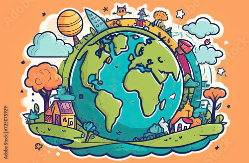 Planet Earth illustration, cartoon, water planet earth, living planet. Save the Planet Concept. Happy Earth Day.
