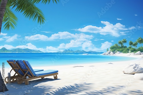Serene tropical beach with palm leaves, flowers, turquoise ocean, white sand, sky © Ksenia Belyaeva