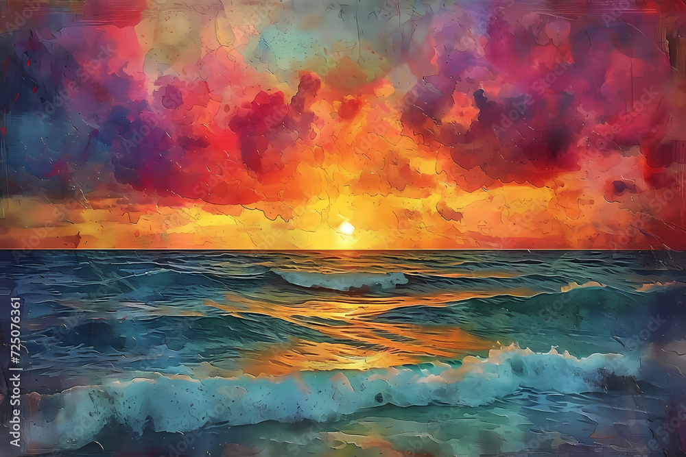 Fototapeta premium A stunning acrylic painting captures the vibrant hues of a sunset over the ocean, with wispy clouds and the calming presence of water, bringing the beauty of nature to life through art