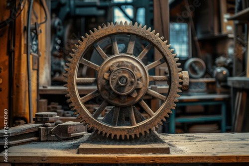 Old wooden machinery cog gear wheel on an antique workshop bench in a historic wood working shop