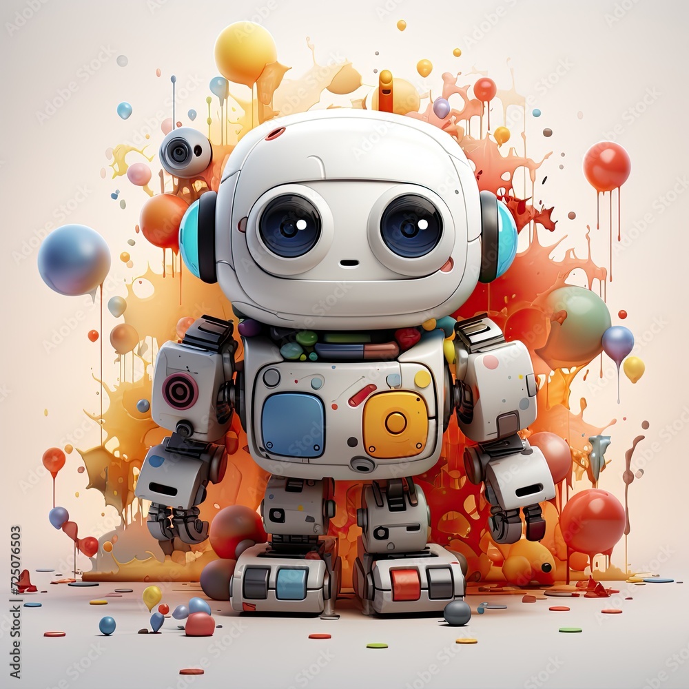 Stylized cute character 3d robot illustration, concept art, painting. Robotics for children, robot programming, robotics courses, IT technologies of the future. Cartoon robot toy print, poster. Toys.