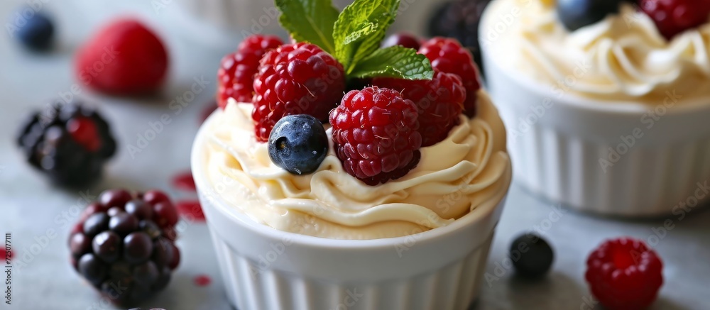 Low-calorie dessert with cream and berries displayed on a table close-up. Low-calorie dessert with cream and berries displayed on a table close-up.