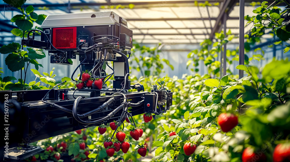 Machine that is in greenhouse with strawberries on the plant and another machine in the background with strawberries on the plant.