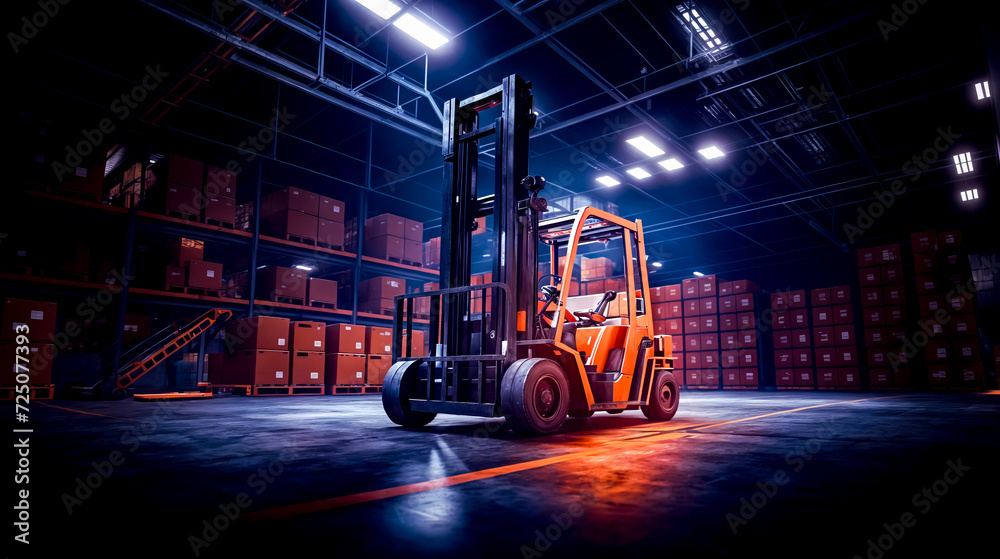 Forklift in large warehouse with lots of boxes on the floor. Forklift in large warehouse with lots of boxes on the floor.