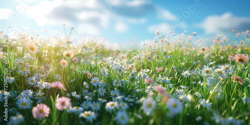 Wildflowers in a sunny meadow with blue sky. Springtime landscape and nature concept. Design for eco-friendly products. Banner with copy space.