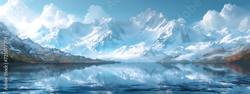 a lake in front of snowy mountains in
