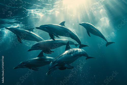 Graceful marine mammals, with sleek fins and playful nature, glide through the underwater world alongside schools of fish, as a group of dolphins explores the depths of the ocean in this stunning dep photo