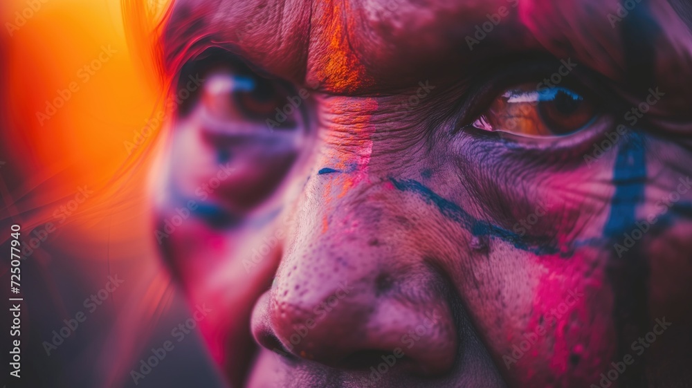Close-up of a person with colorful tribal face paint