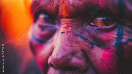 Close-up of a person with colorful tribal face paint