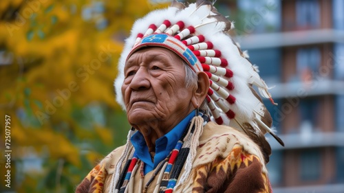 Proud indigenous elder wearing a traditional feather headdress outdoors