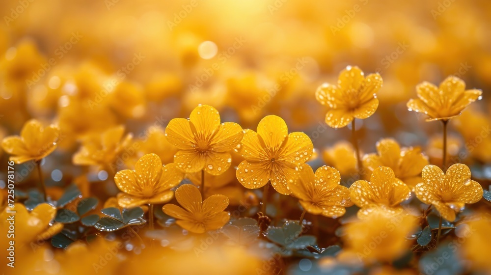 Φωτογραφία a close up of a bunch of yellow flowers with drops of water on the petals and leaves on the stems