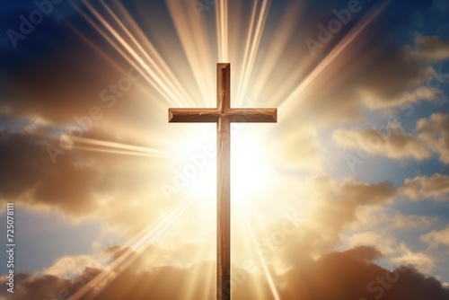 Christian cross with heavenly sunshine behind. Blue sky with clouds and sun rays. Symbol of Christianity. AI Generated  © EarthWalker