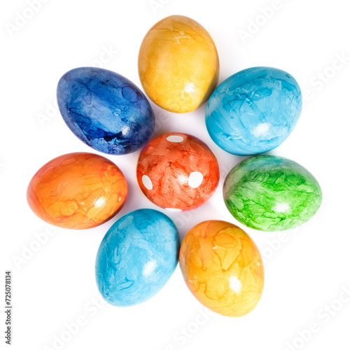 Different easter eggs isolated on white background  top view
