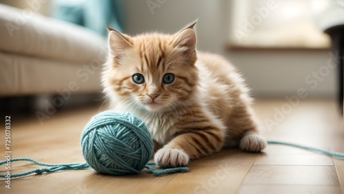 A playful kitten with a yarn ball, a charming scene capturing feline exuberance and the joy of carefree antics in a cozy domestic setting.
