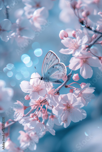 Butterfly on cherry blossoms with bokeh lights on a blue background. Springtime nature and wildlife concept. Design for greeting card, invitation, banner, poster. Macro shot with copy space.