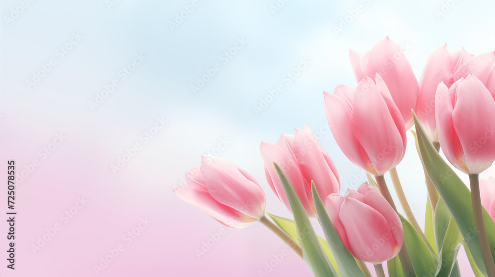 Kwiatowe różowe minimalistyczne tło na życzenia z okazji Dnia Kobiet, Dnia Matki, Dnia Babci, Urodzin, Walentynek czy pierwszego dnia wiosny. Szablon na baner lub mockup z tulipanami.  - obrazy, fototapety, plakaty 