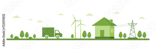 green energy concept Banner Eco delivery concept, international green free trade, Wind energy, Green energy. Vector illustration. Renewable energy, ecology and green electricity. Ecological city
