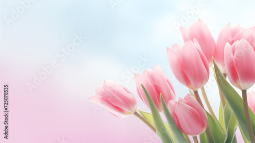 Kwiatowe różowe minimalistyczne tło na życzenia z okazji Dnia Kobiet, Dnia Matki, Dnia Babci, Urodzin, Walentynek czy pierwszego dnia wiosny. Szablon na baner lub mockup z tulipanami.  photo