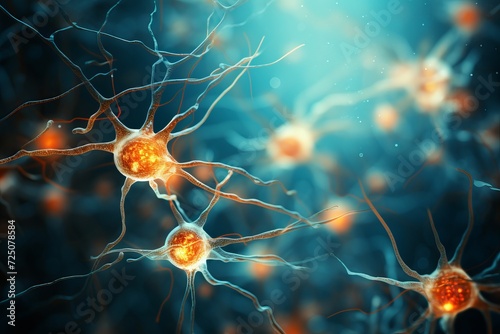 Microscopic blue neuron in laboratory setting, neurological research and science concept