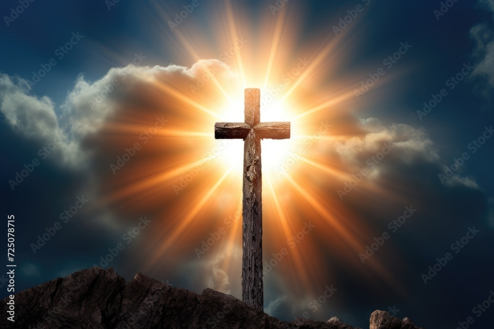 Cross on the mountain and angelic light behind it. Blue sky, clouds and sunshine. Symbol of Christianity. AI Generated 