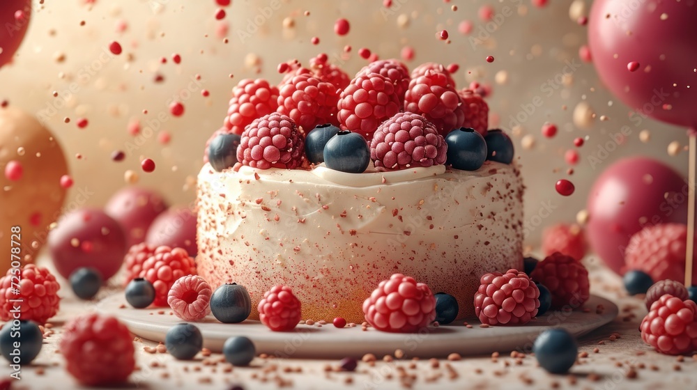 a close up of a cake on a plate with raspberries and blueberries on the top of it. a close up of a cake on a plate with raspberries and blueberries on the top of it.