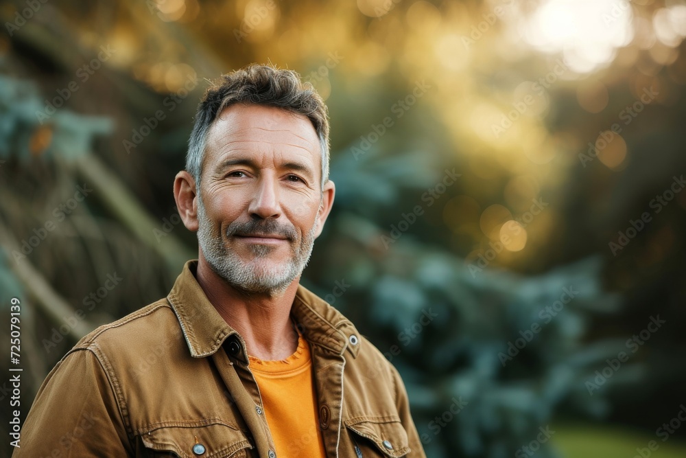 Rustic, outdoor-themed studio portrait of an adventurous middle-aged man (50-55 years) in casual, rugged attire, against a nature-inspired, serene background. Relaxed, nature-loving expression Rustic, outdoor-themed studio portrait of an adventurous middle-aged man (50-55 years) in casual, rugged attire, against a nature-inspired, serene background. Relaxed, nature-loving expression