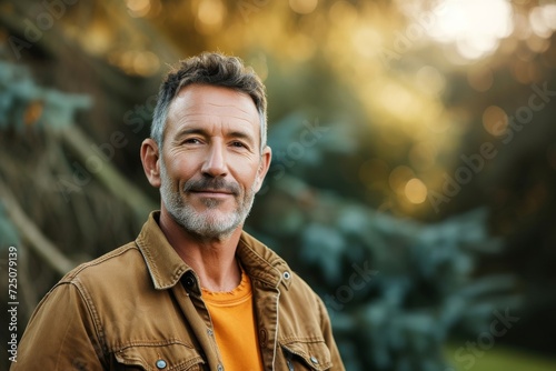Rustic, outdoor-themed studio portrait of an adventurous middle-aged man (50-55 years) in casual, rugged attire, against a nature-inspired, serene background. Relaxed, nature-loving expression