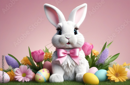 Easter bunny adorned with flowers and pastel ribbons, conveying a playful and cheerful mood for the holiday