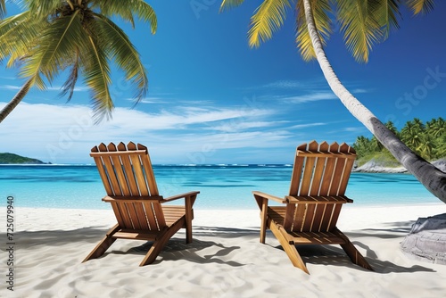 Realistic tropical beach with palm leaves framing, white sand and turquoise ocean