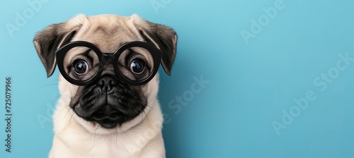 Smart canine in stylish spectacles, isolated on blue background with space for text