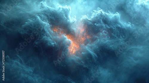  an abstract photo of a fire in the middle of a dark blue sky with clouds in the foreground and a red light in the middle of the middle of the photo.