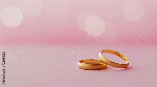 Close up of two gold wedding rings on soft pink bokeh background with space for text placement