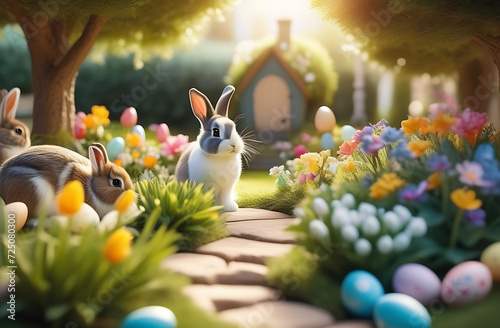 Easter garden, where flowers, eggs, and bunnies intertwine to form a whimsical and enchanting landscape 
