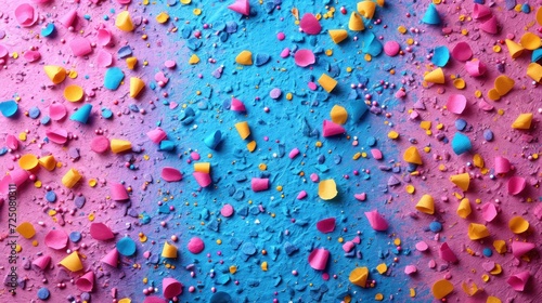  a blue, pink, and yellow background with sprinkles and confetti on top of it.