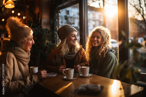 Three laughing woman sit in cafe with cups of coffee in winter season. Bright sunlight lits through restaurant window. Gathering with friends at cozy place. 