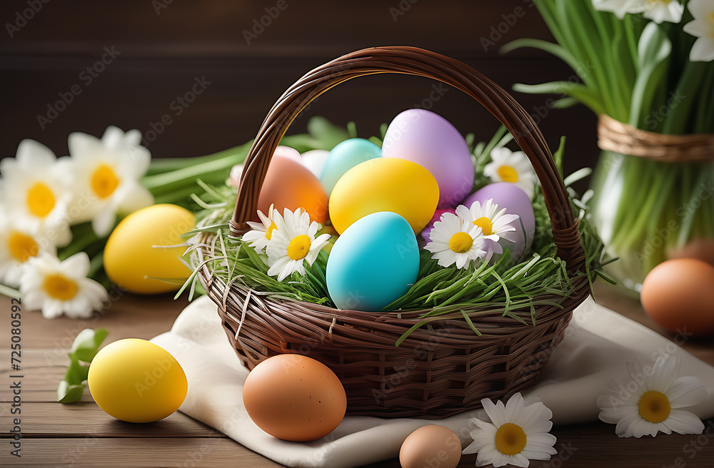 Easter basket filled with brightly dyed eggs and fresh spring flowers, capturing the warm and festive atmosphere 
